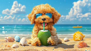 沙滩上喝椰子的小狗