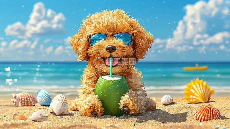 高清大图下载【趣麦麦图】沙滩上喝椰子的小狗