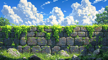 石头墙绿植蓝天白云