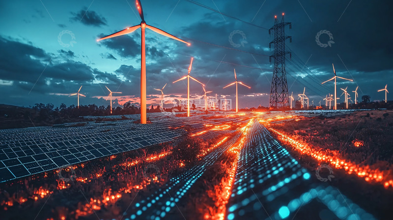 高清大图下载【趣麦麦图】夜幕下的风力发电场和光伏板