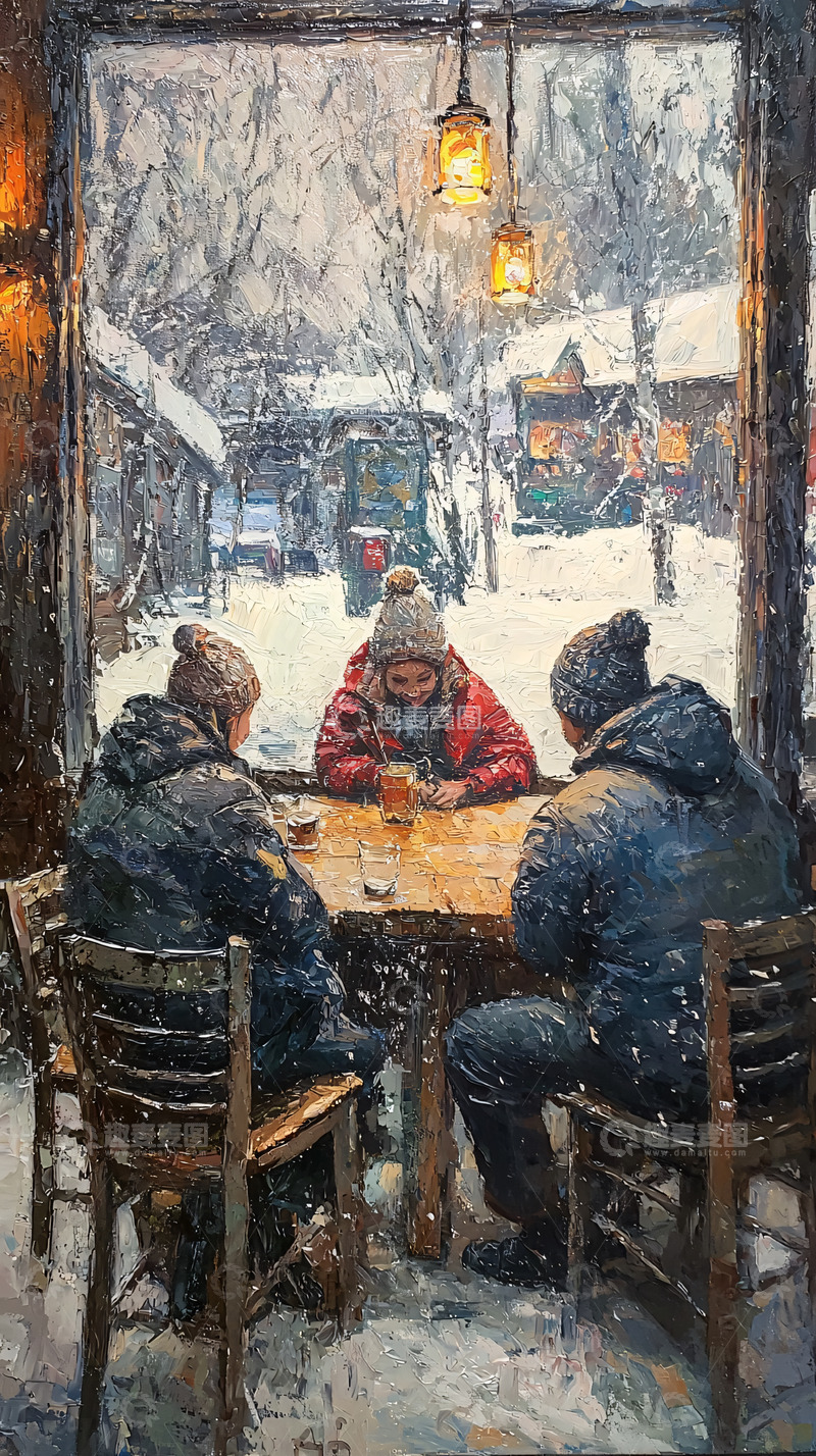 高清大图下载【趣麦麦图】雪中咖啡馆三人