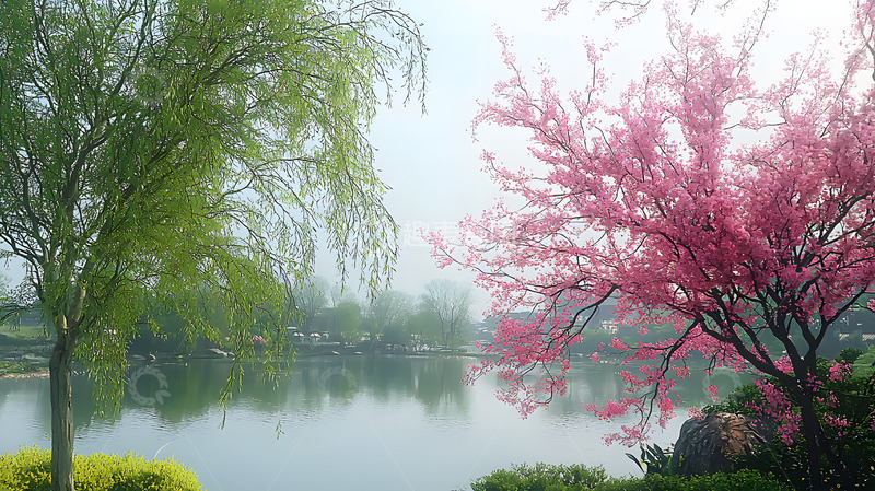 高清大图下载【趣麦麦图】春天湖边的垂柳和盛开的鲜花