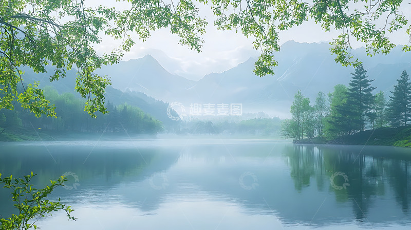 高清大图下载【趣麦麦图】春季远景的青山和近景的绿树交相辉映1