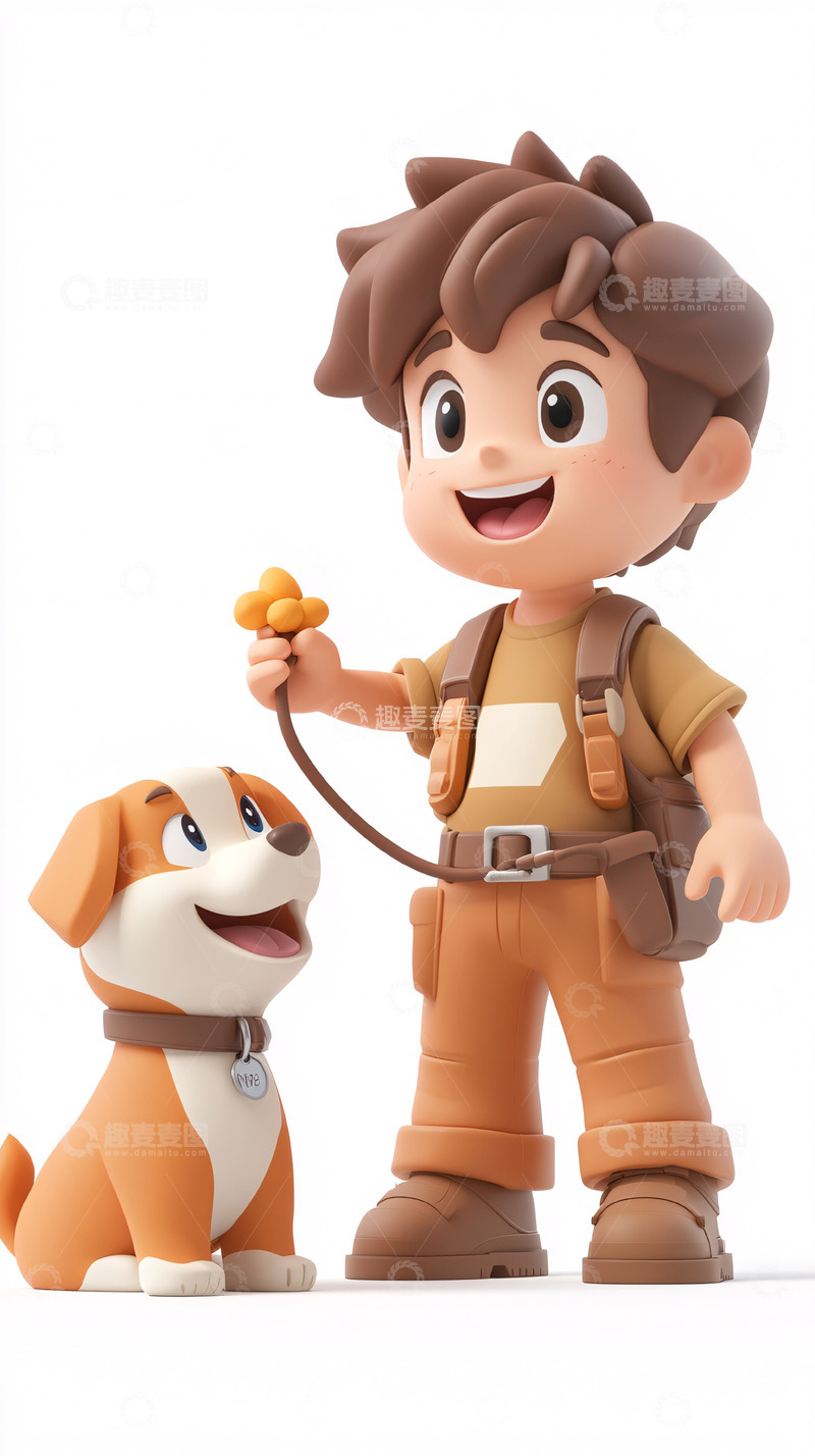 高清大图下载【趣麦麦图】可爱卡通男孩遛狗