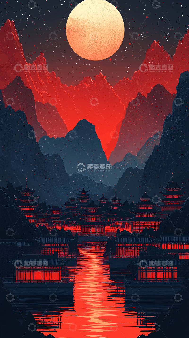 高清大图下载【趣麦麦图】红月山峦古镇夜景