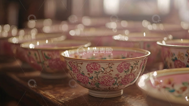 高清大图下载【趣麦麦图】粉色花卉瓷碗