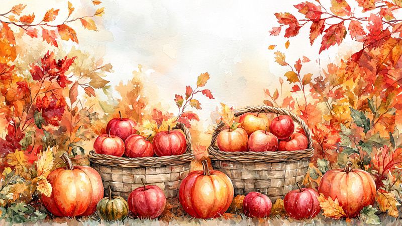 高清大图下载【趣麦麦图】秋日丰收苹果南瓜水彩画
