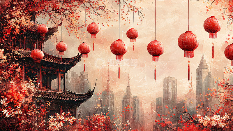 高清大图下载【趣麦麦图】中国风红灯笼建筑
