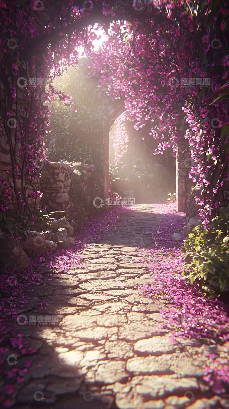 高清大图下载【趣麦麦图】紫藤花拱门下的石板路