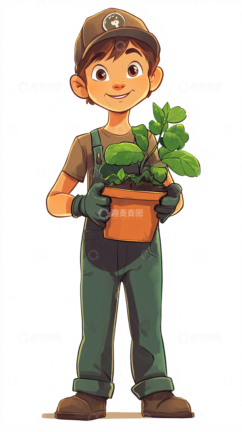 高清大图下载【趣麦麦图】抱着盆栽的小男孩