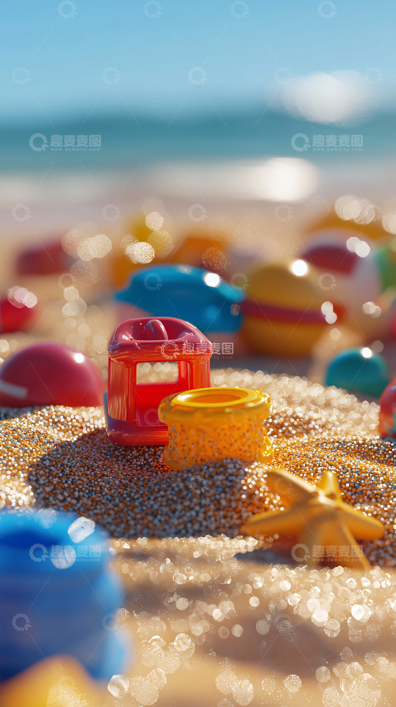 高清大图下载【趣麦麦图】海滩上的彩色玩具