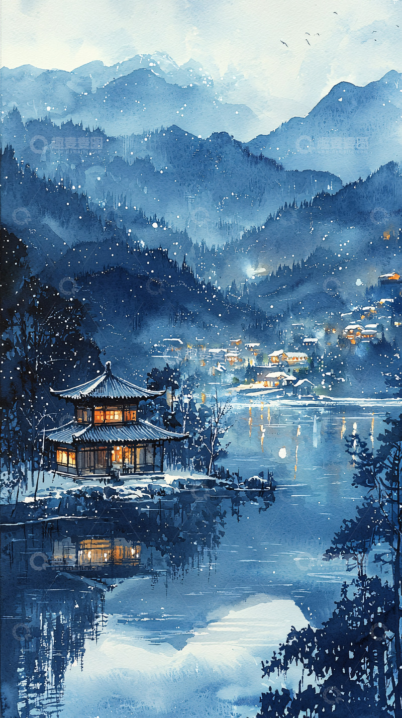 高清大图下载【趣麦麦图】水墨风格山水夜景