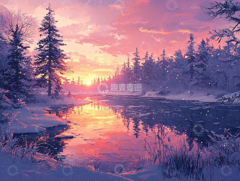 高清大图下载【趣麦麦图】冬日粉色日落下的宁静河流