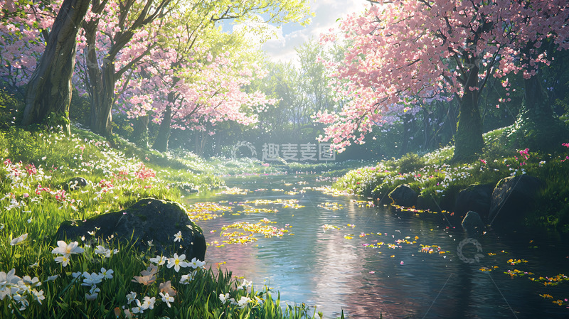高清大图下载【趣麦麦图】春日溪流樱花林