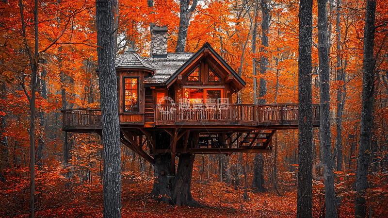 高清大图下载【趣麦麦图】秋日森林树屋