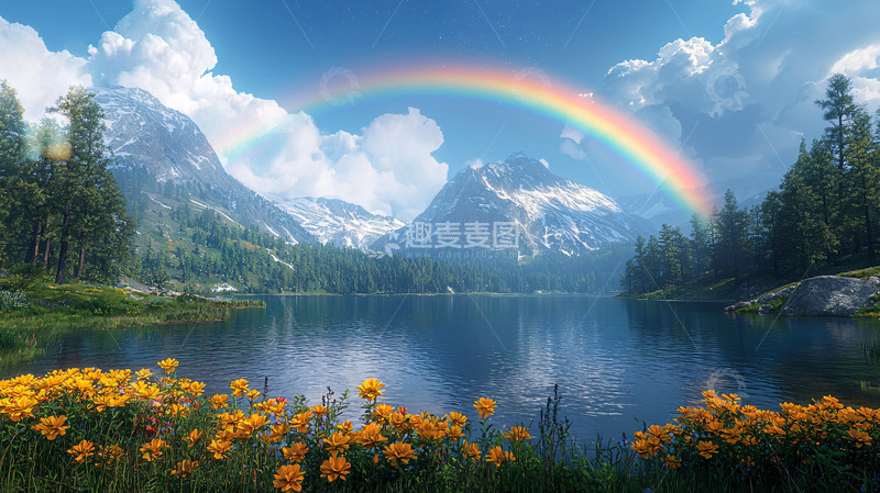 高清大图下载【趣麦麦图】湖面彩虹下的美丽山景