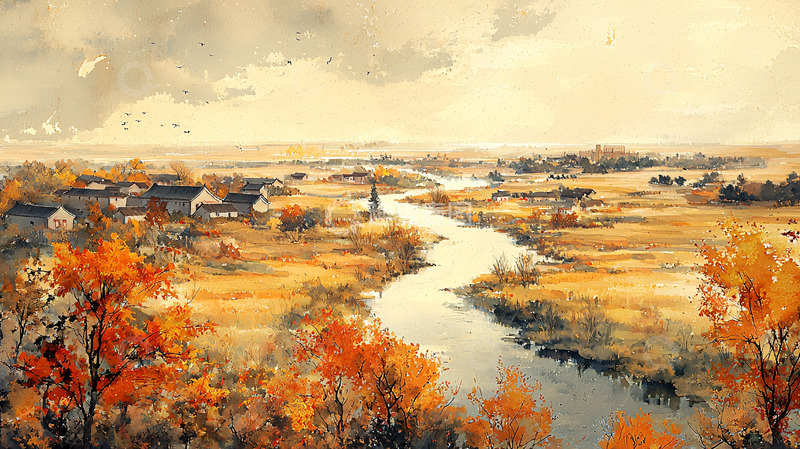 高清大图下载【趣麦麦图】秋日田园河流风景画