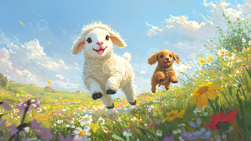 高清大图下载【趣麦麦图】小羊和狗狗在花田奔跑
