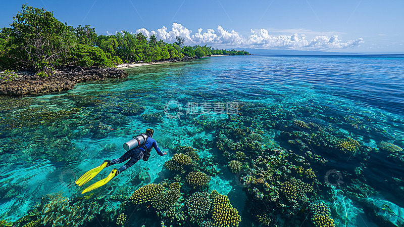 高清大图下载【趣麦麦图】潜水员在珊瑚礁上浮潜