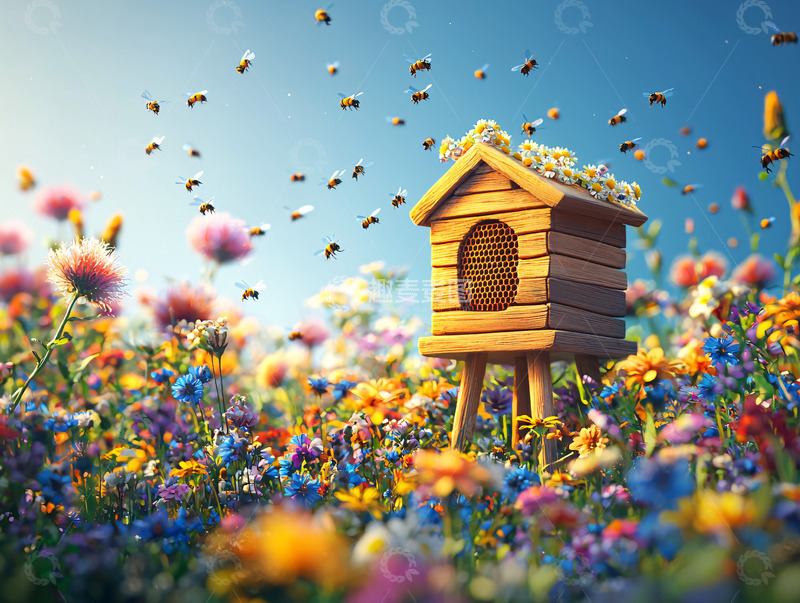 高清大图下载【趣麦麦图】蜂箱在繁花盛开的草地上