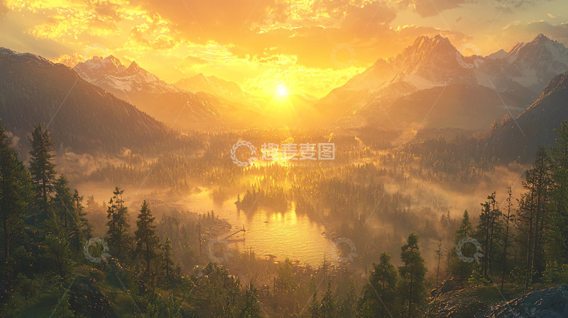 高清大图下载【趣麦麦图】金色朝阳下的山谷湖泊
