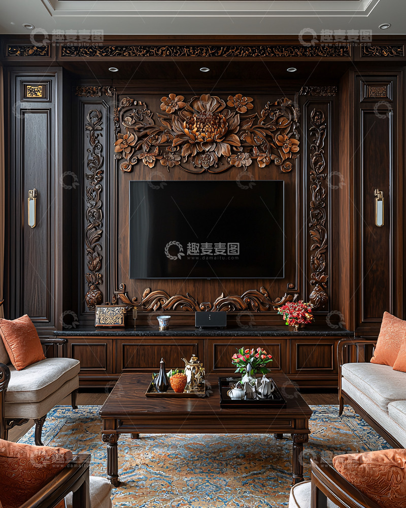 高清大图下载【趣麦麦图】中式电视背景墙
