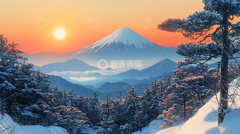 高清大图下载【趣麦麦图】富士山日出雪景