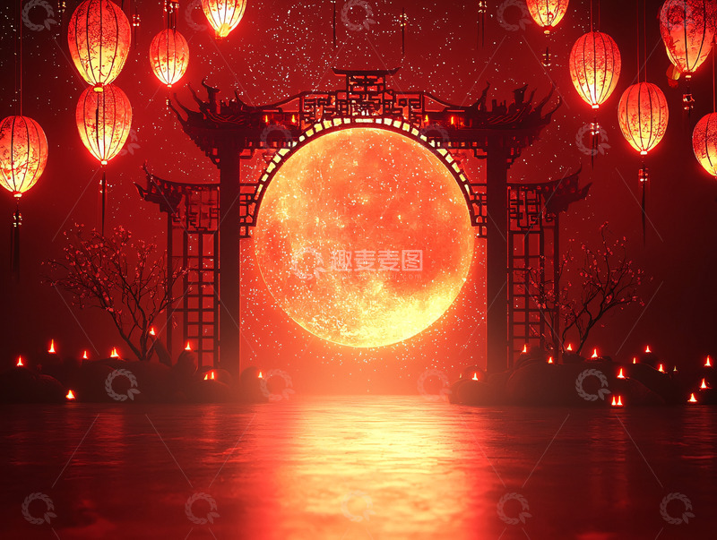 高清大图下载【趣麦麦图】红色灯笼下的圆月场景