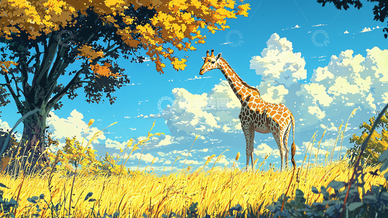 高清大图下载【趣麦麦图】长颈鹿在金黄草原上