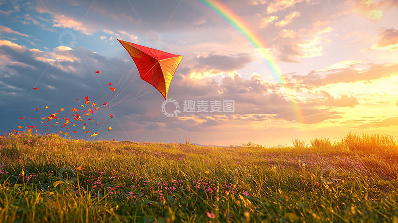 高清大图下载【趣麦麦图】彩虹下飞翔的风筝