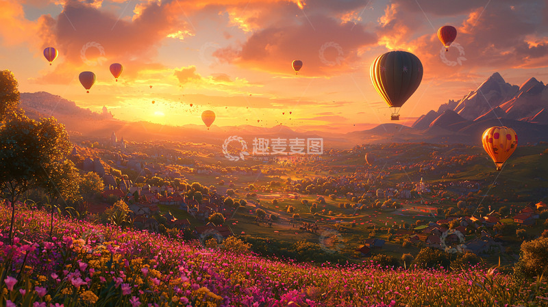 高清大图下载【趣麦麦图】日落热气球山谷花海