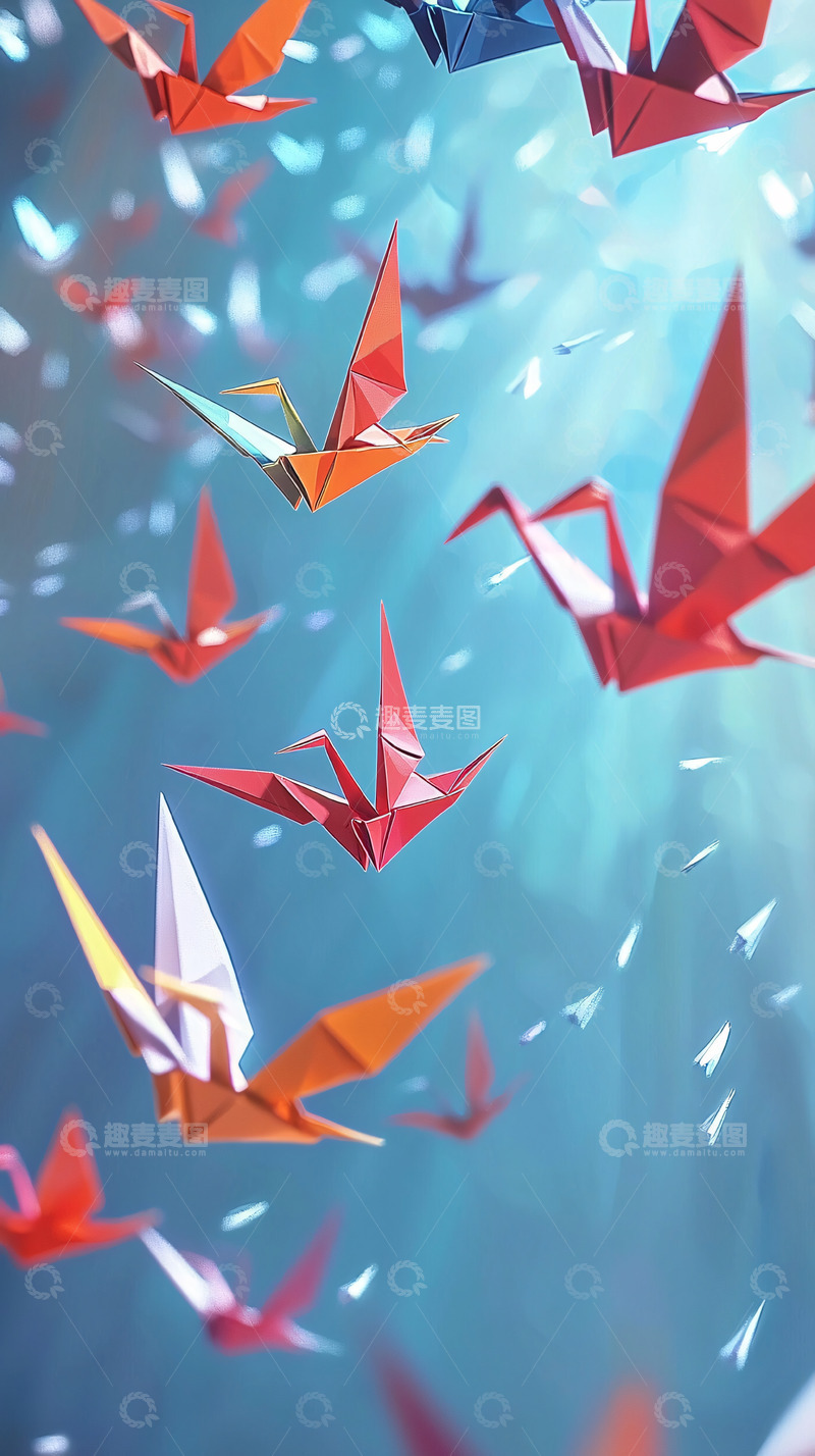 高清大图下载【趣麦麦图】空中飞舞的彩色纸鹤