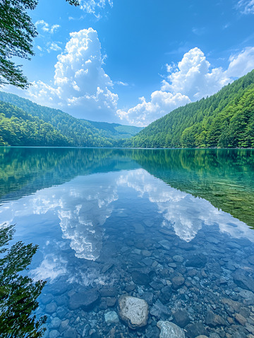 蓝天白云下的清澈湖泊