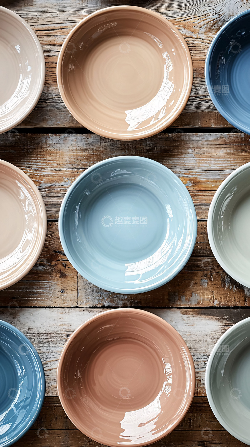 高清大图下载【趣麦麦图】原木色背景的彩色碗碟