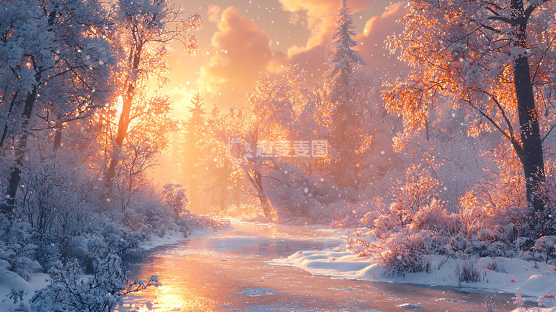 高清大图下载【趣麦麦图】冬日雪景森林河流日出