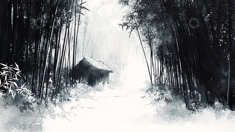 高清大图下载【趣麦麦图】竹林小屋水墨意境