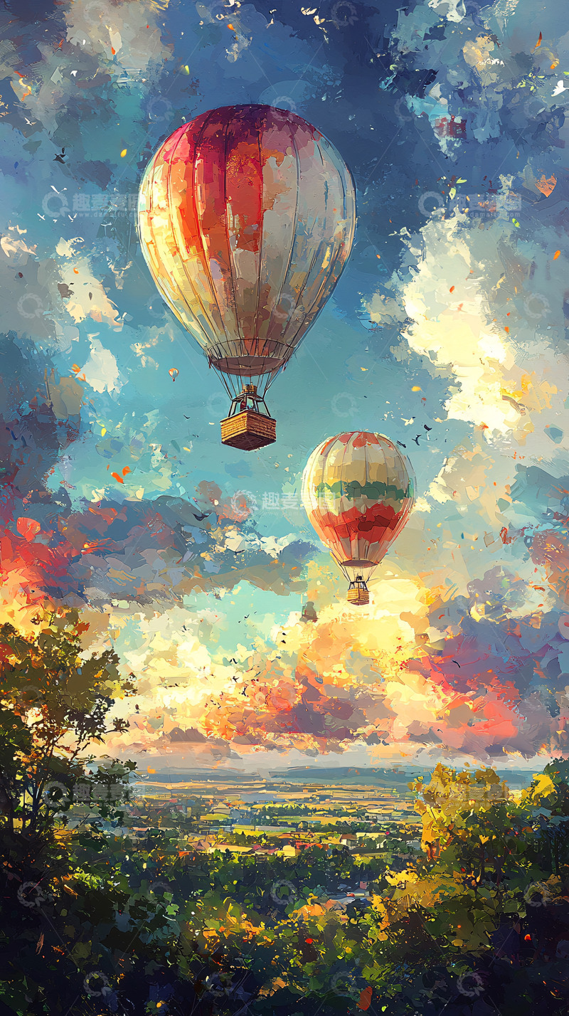 高清大图下载【趣麦麦图】热气球飞跃彩色天空