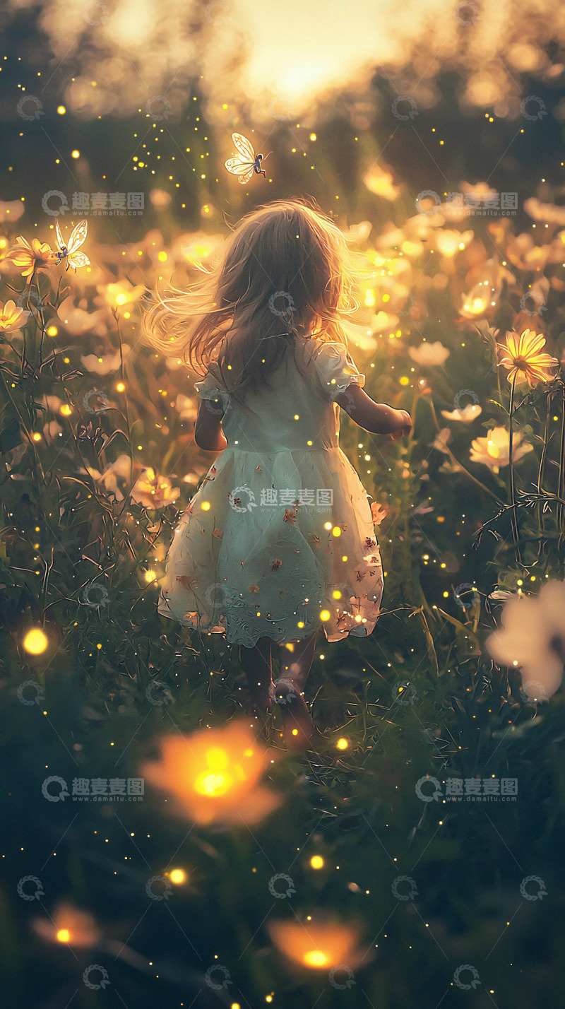 高清大图下载【趣麦麦图】女孩奔跑萤火虫花海
