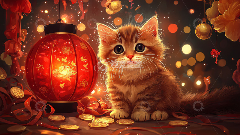 高清大图下载【趣麦麦图】可爱小猫红灯笼