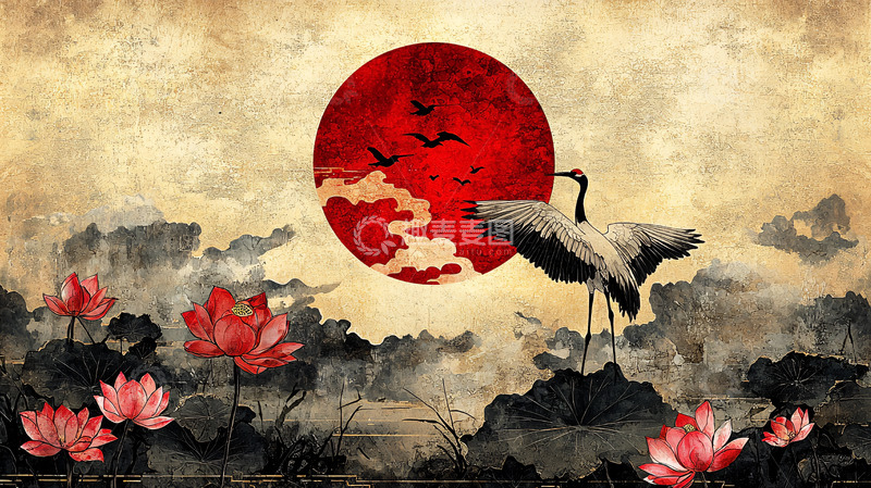 高清大图下载【趣麦麦图】红日鹤影水墨画