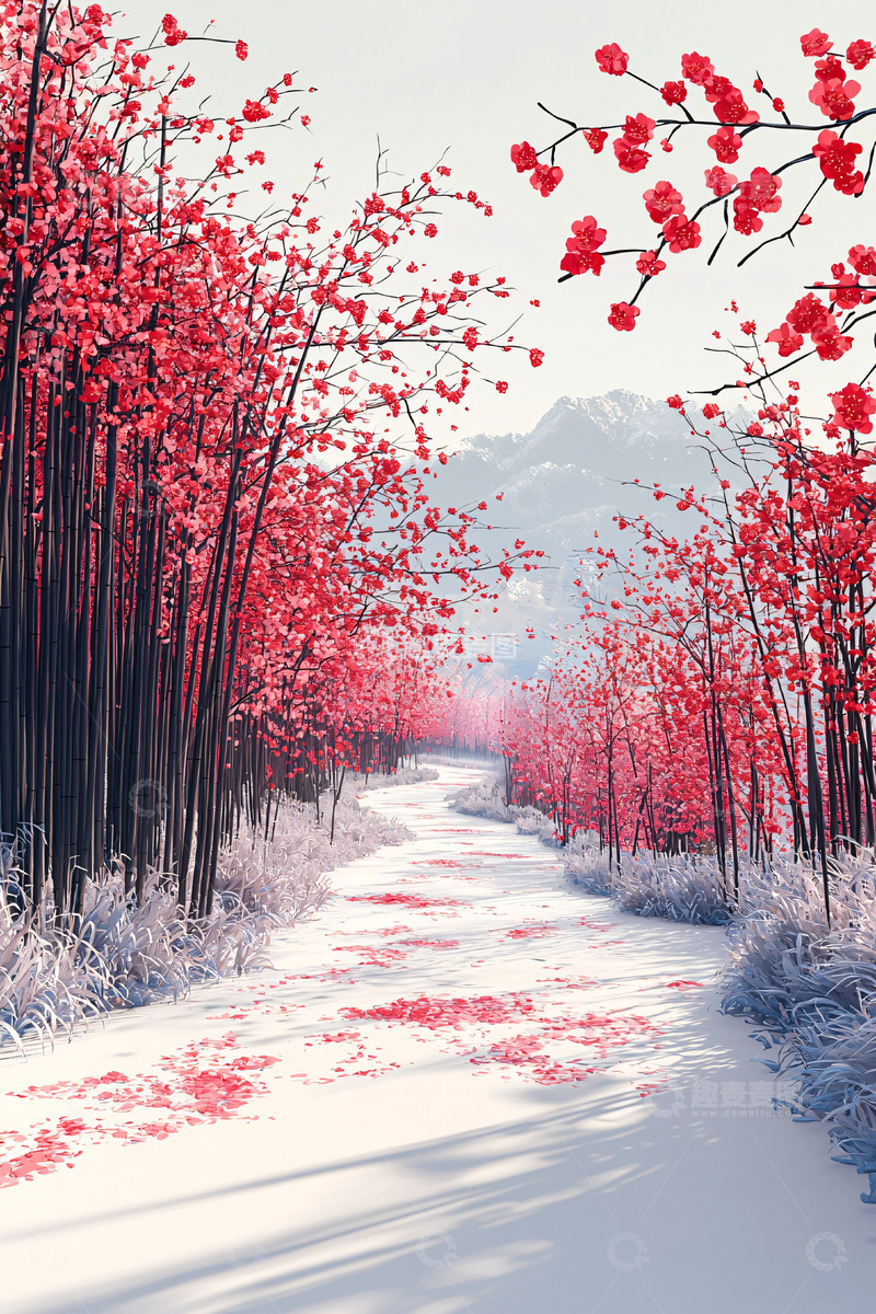 高清大图下载【趣麦麦图】红梅雪景小路