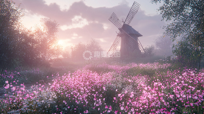 高清大图下载【趣麦麦图】清晨雾霭下的风车花田
