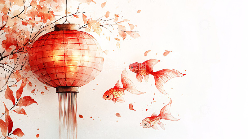 高清大图下载【趣麦麦图】红色灯笼与金鱼的国风水彩画