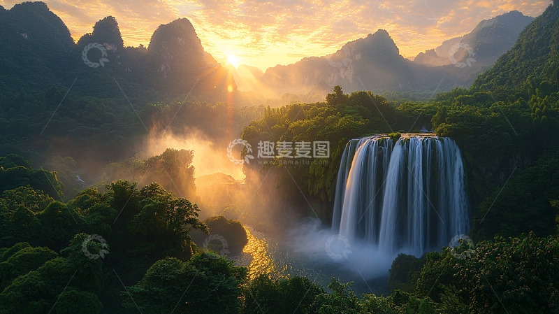 高清大图下载【趣麦麦图】日出山峰瀑布