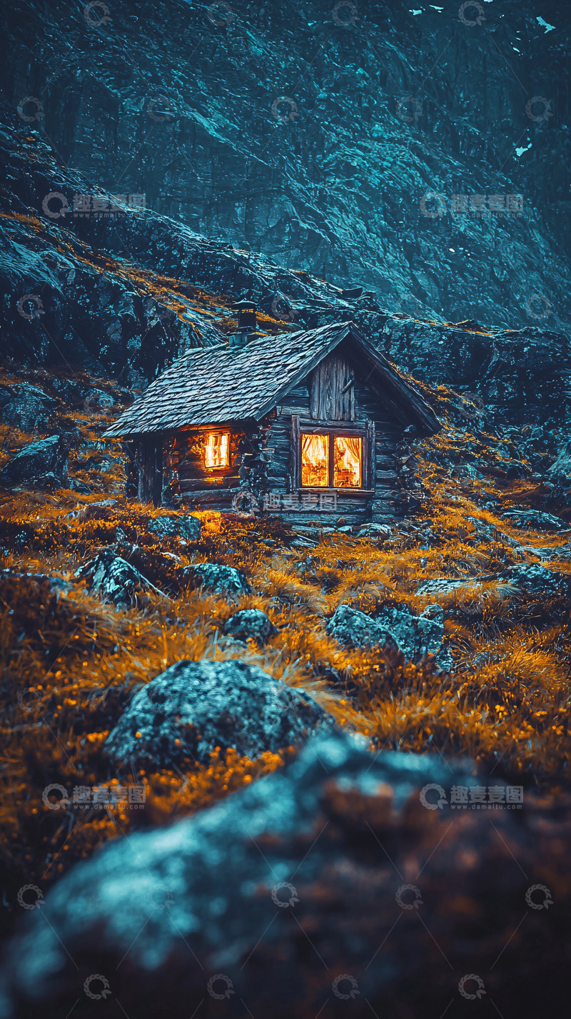 高清大图下载【趣麦麦图】山间小屋夜景