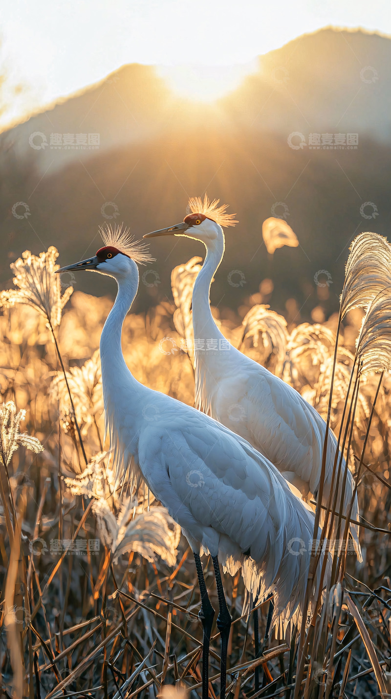 高清大图下载【趣麦麦图】日出时分两只鹤