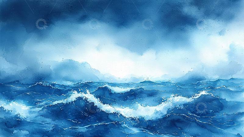 高清大图下载【趣麦麦图】汹涌波涛的蓝色海洋水彩画