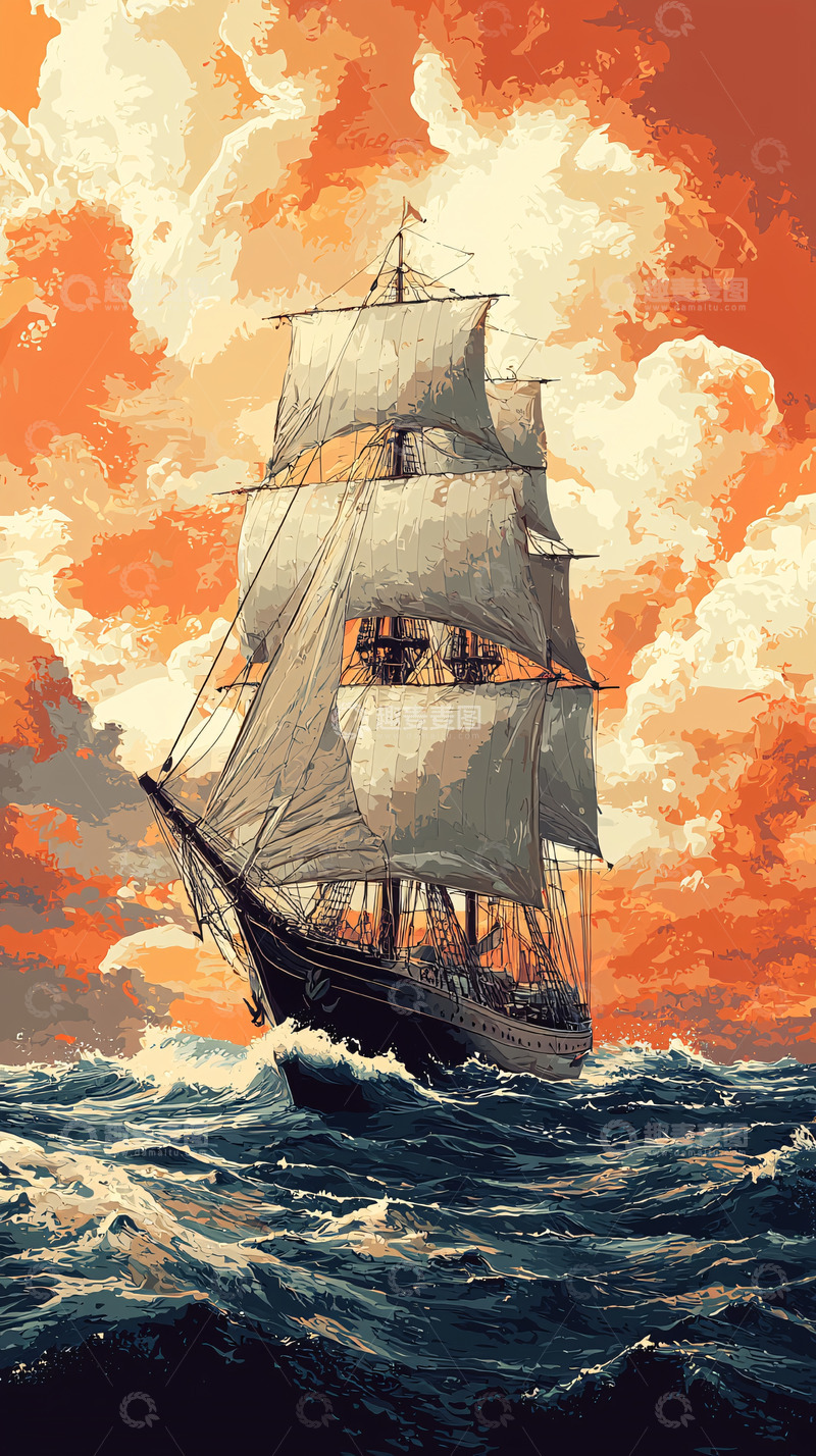 高清大图下载【趣麦麦图】夕阳下航行的帆船