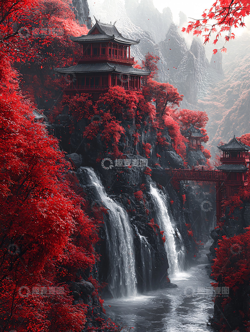 高清大图下载【趣麦麦图】红枫古建筑瀑布