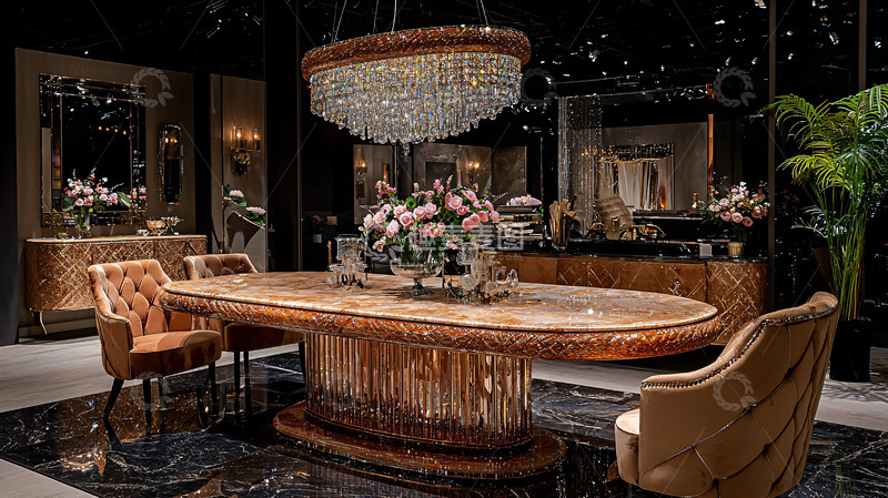 高清大图下载【趣麦麦图】奢华水晶吊灯下的椭圆餐桌